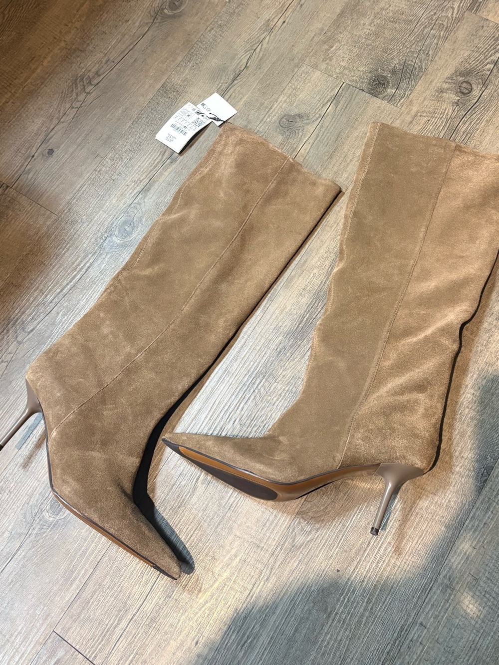 New Zara Leather Tan Knee-High Pointed-Toe Stiletto Boots